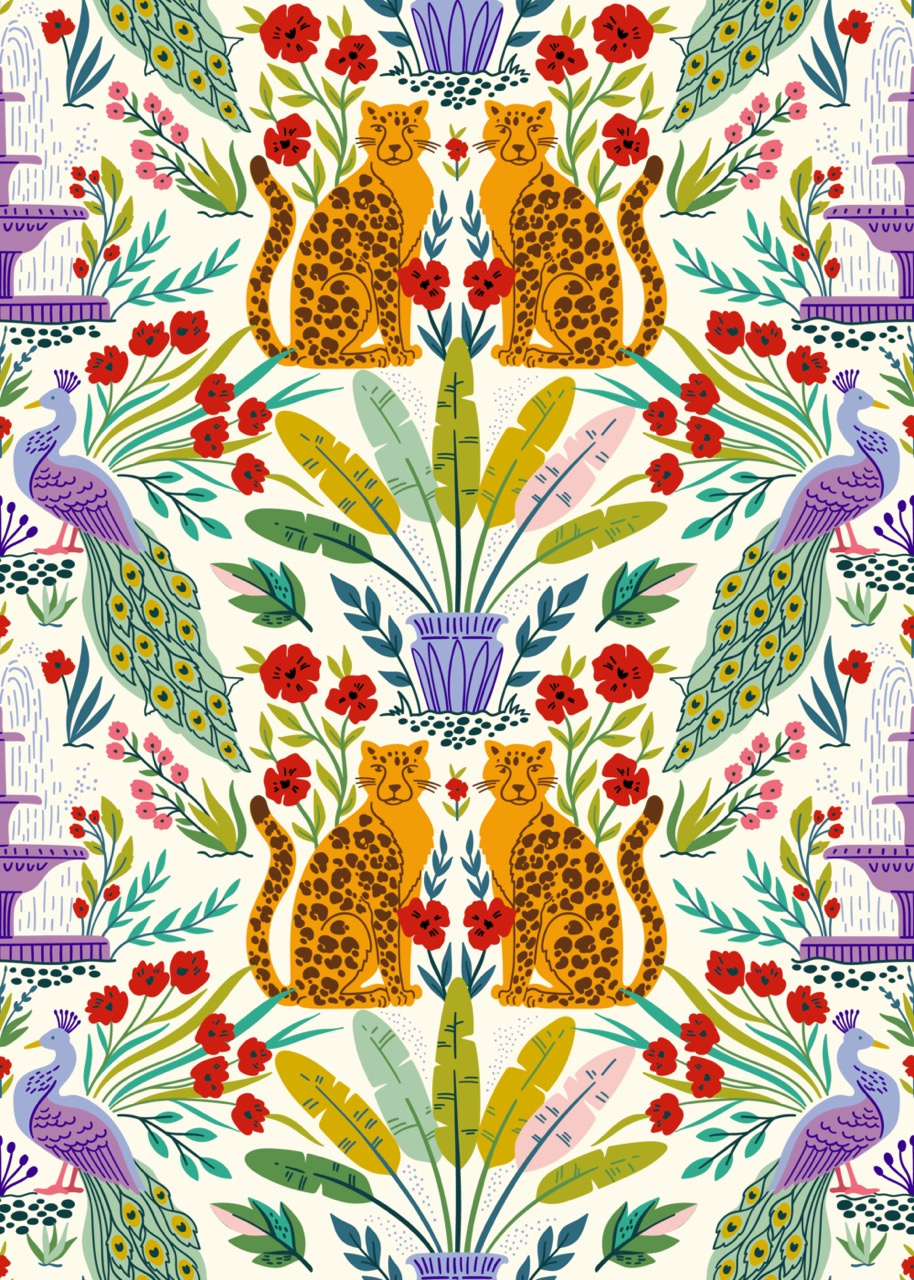 IN THE GARDEN - vector seamless pattern animal bohemian design exotic floral flower for license garden graphic design illustration leopard paradise pattern peacock seamless surface design tropical vector