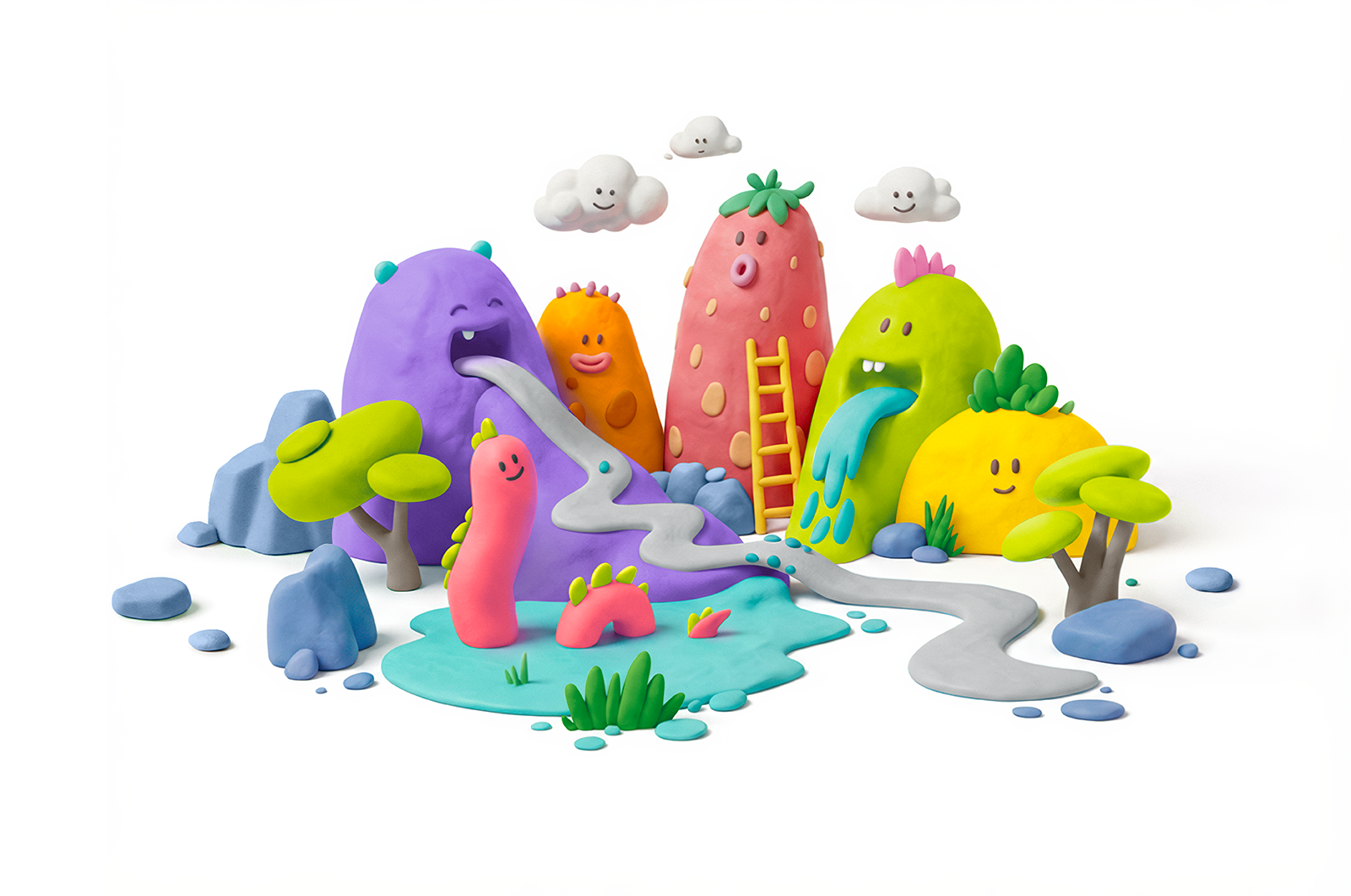 Water Snake Adventure 3d illustration character design clay clay world craft creation friends fun handmade inspiration journey landscape magic world mountains serpents spell stone tree volcano waterfall сlouds