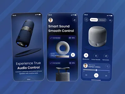 Smart Sound Control Mobile App UI animation blue device control device management home ios microphone mobile app mobile app template smart device smart home app design smart home app ui smart house smart sound speaker ui ui design ui design template ux