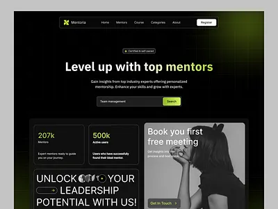 Mentoria — Online Mentor Platform Landing Page app design dark ui dashboard edtech education website elearning website landing page language learning language learning app mentor ai mentor platform mentorship online learning website product design saas design ui ux web web design web ui