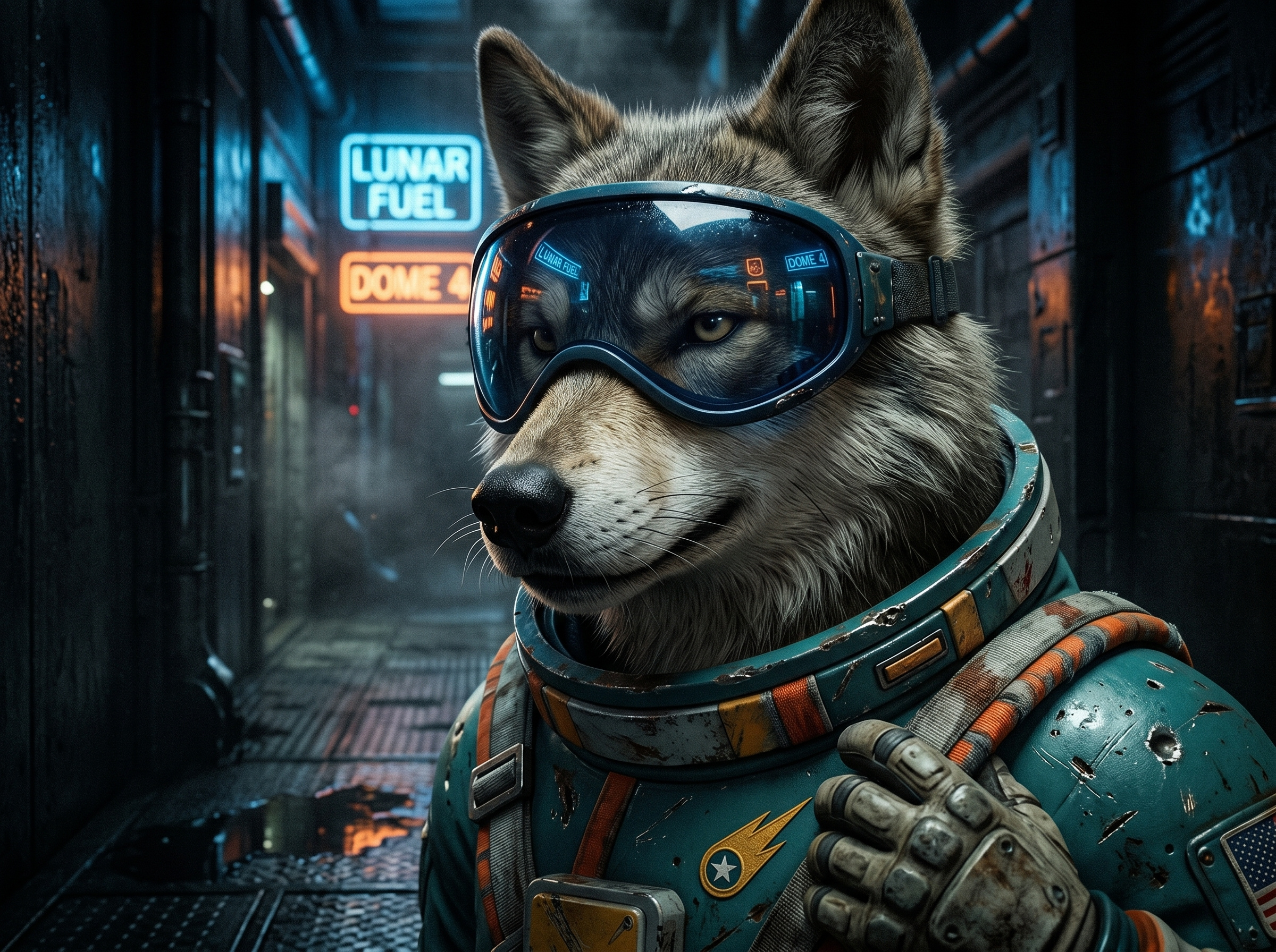 Cosmic Wolf Space Mascot adventure animal astronaut badge cosmic exploration futurism galaxy helmet lunar mascot mission sci fi science space star suit tech wild wolf