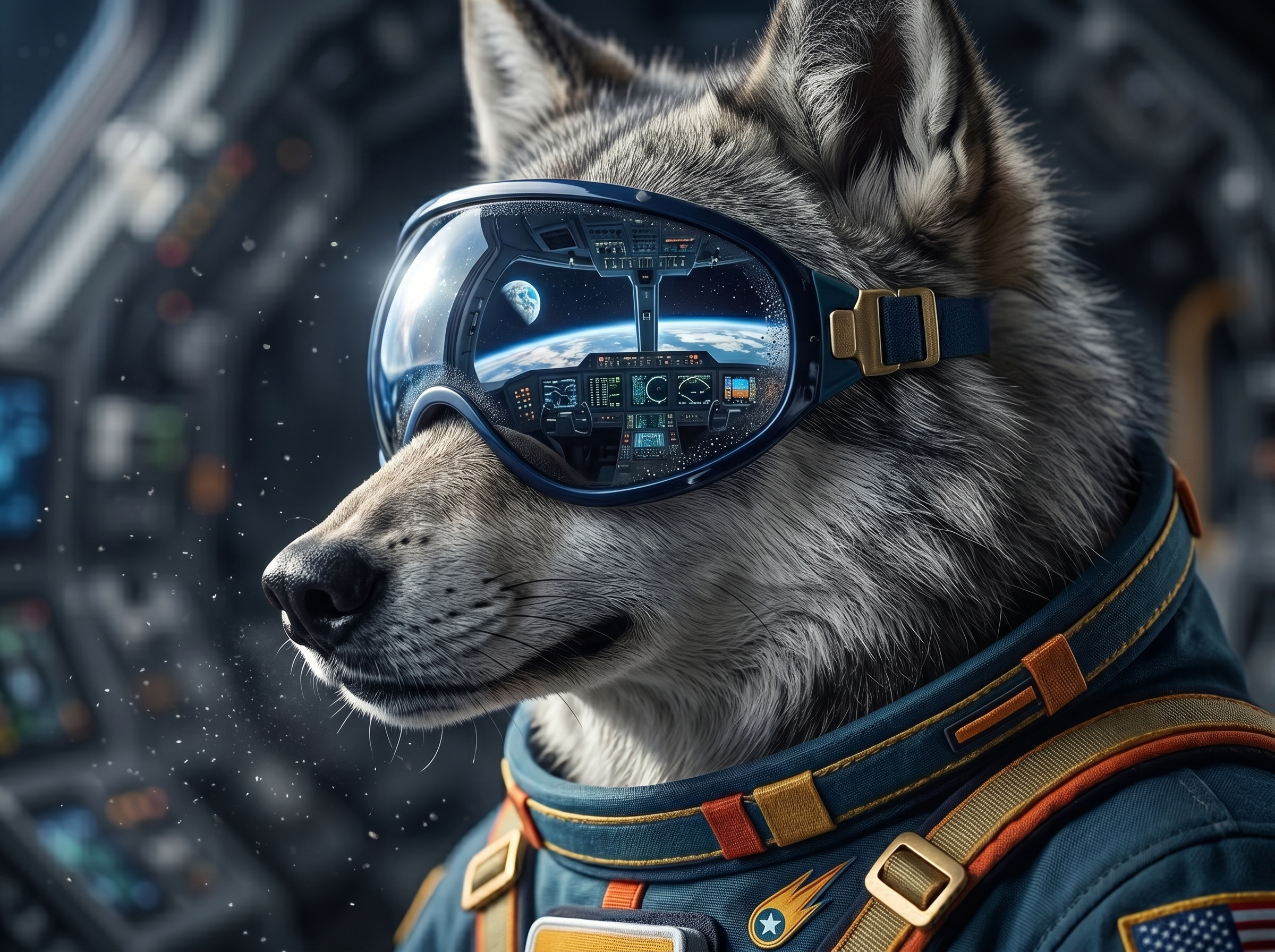 Cosmic Wolf Space Mascot adventure animal astronaut badge cosmic exploration futurism galaxy helmet lunar mascot mission sci fi science space star suit tech wild wolf
