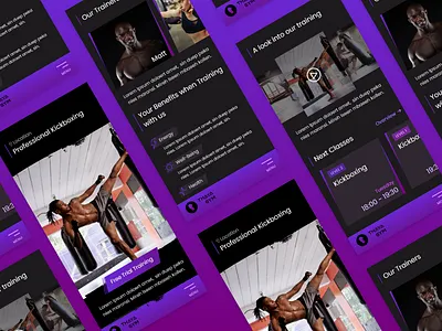 Darkmode Martial Arts Studio bold darkmode fitness gradient kickboxing mobile modern purple ui ux webdesign
