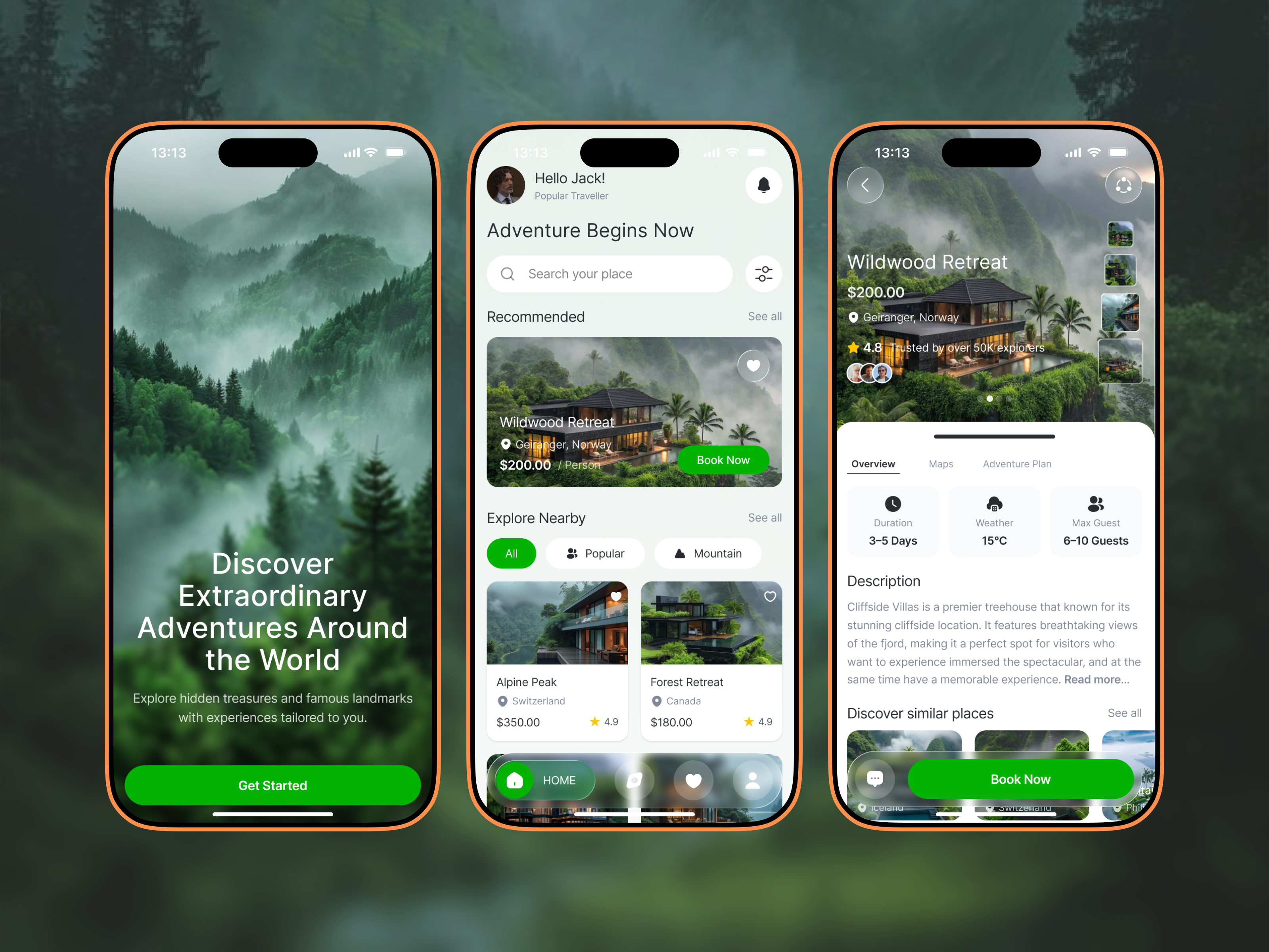 Adventure Travel Mobile App appdesign booking app clean ui dark ui dashboard dribbble figma interfacedesign lassmorphism mobileapp productdesign ravelui travelapp uidesign uiux uxdesign web ui