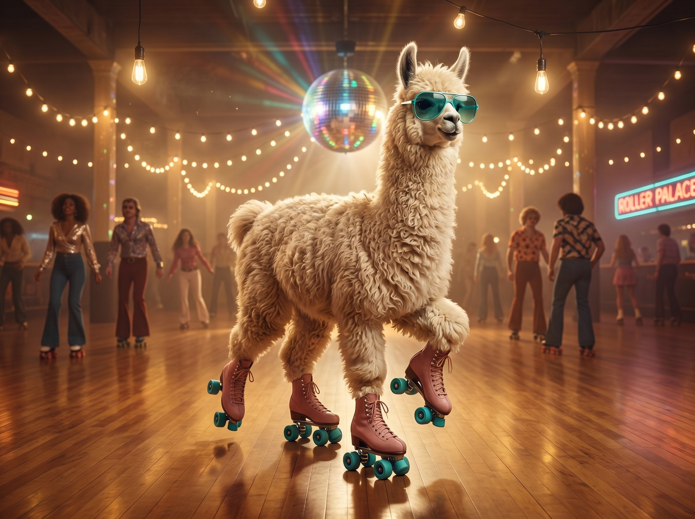 Funky Roller-Skating Llama Mascot 80s active animal character creativity cute fashion fun funky lifestyle llama mascot pink playful retro roller skates skating summer vibes whimsical
