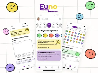 Euno — Mood Tracker & Journal App app design branding cute ui daily journal dribbble emotion tracking figma journal app mental health app minimal app mobile app mobile ui mood tracker pastel ui product design self care app ui design uiux ux design wellness app