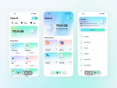 Clean AI – Storage Cleaner Mobile App UI Design ai ai app ai mobile app b2b cloud cloud service integration cloud storage logo glassmorphism design minimal ui mobile app phone optimizer smart ai software storage storage logo web web app