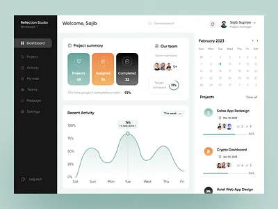 Team Management Dashboard Design activity calender clean client dashboard data design kanban meeting modern ui project management schedule summary task team team manager time ui ux web web app