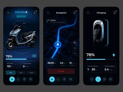 EV Scooter Companion App ⚡ | Smart Mobility UI Design app design charging app dark ui dashboard ui electric vehicle ev app figma futuristic ui interface design mobile app mobile ui navigation ui product design smart mobility ui ui design uiux ux ux design vehicle dashboard