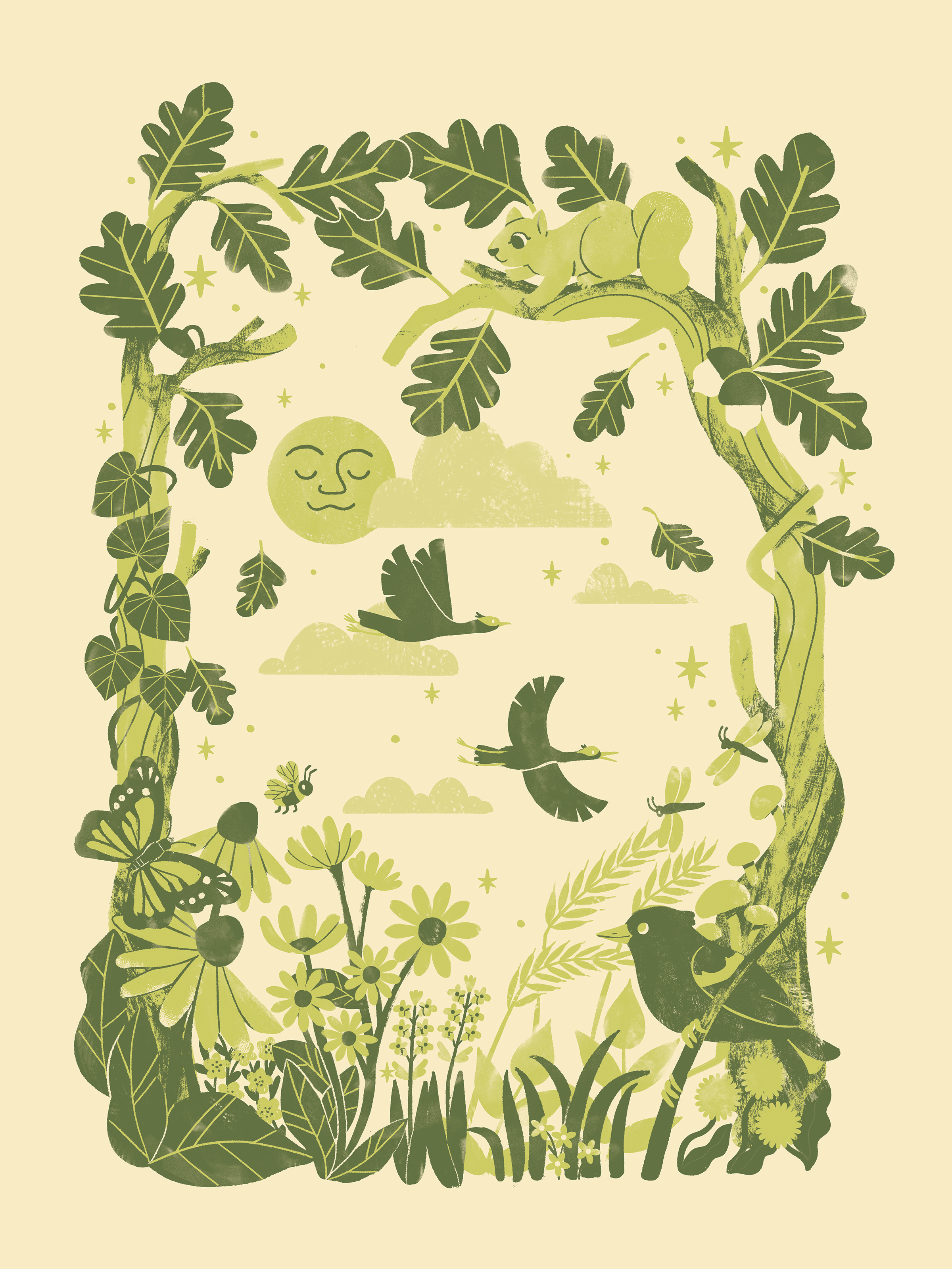 Once Upon a Park bird digital illustration floral flowers illustration moon nature poster robin sheldon screen print screenprinting tree