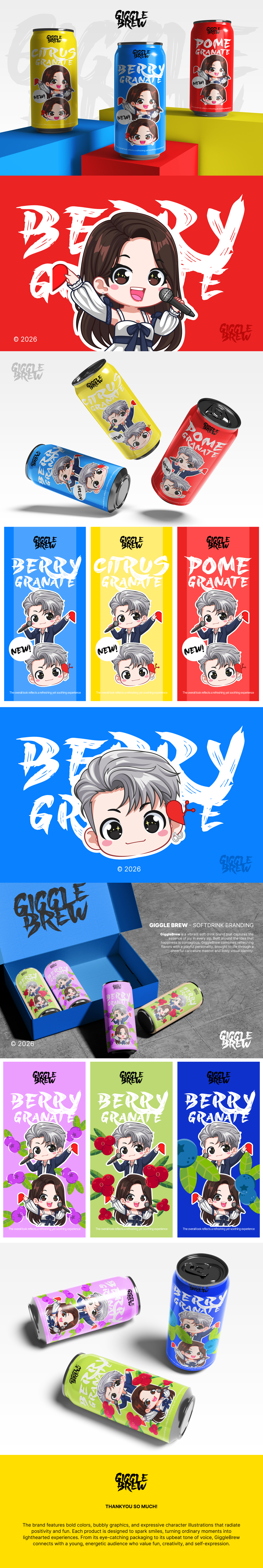 Giggle Brew - Mascot Design & Beverage Branding beverage packaging brand design brand identity branding bts coffee digital art digital illustration idol korean kpop mascot mascot design mothers day soft drink