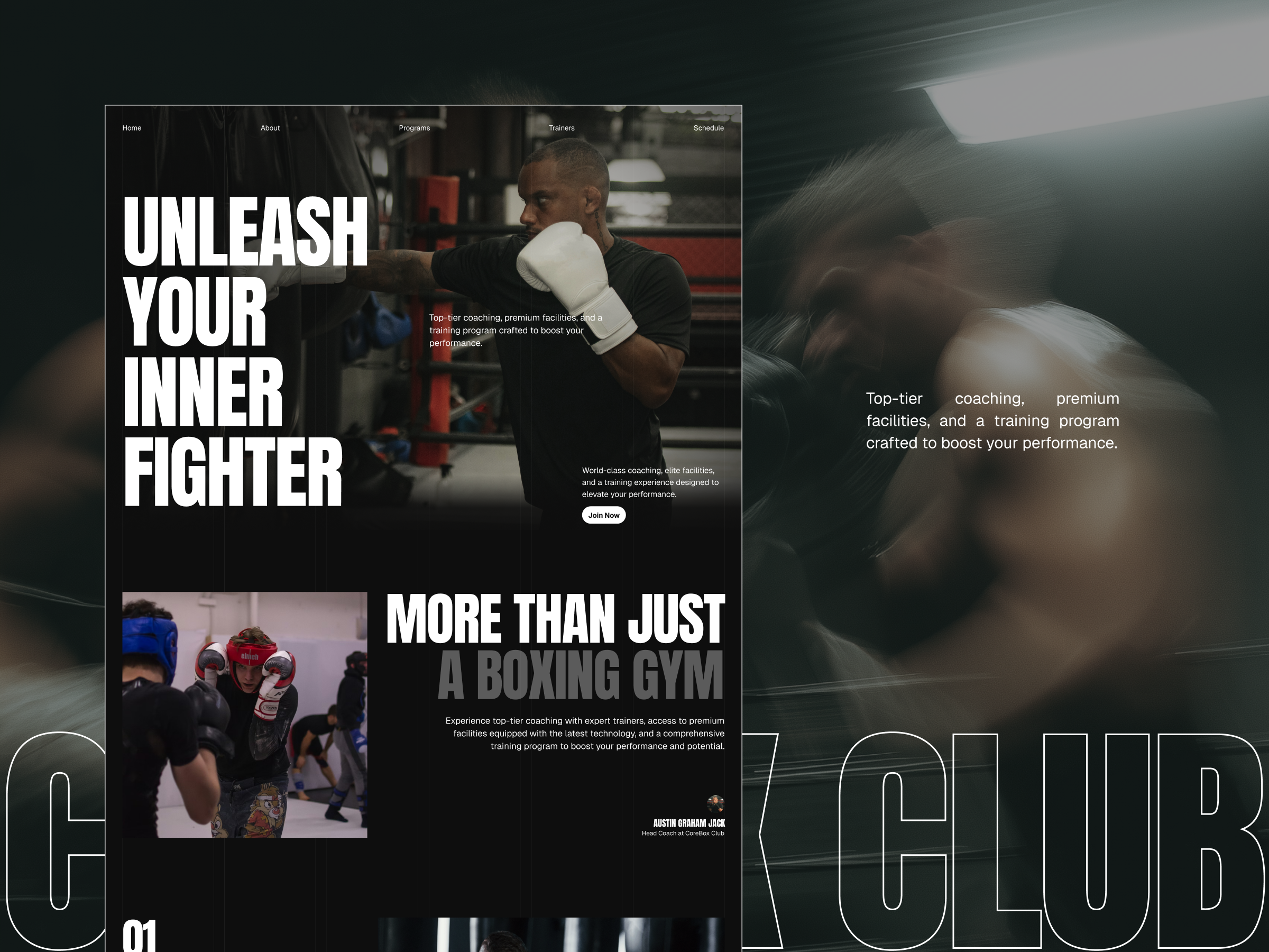 Boxing Club - Landing Page animation bold typhography boxing boxing club brutalism brutalistdesign darkui editorial editorial design experimentallayout gridlayout gymwebsite landingpage magazinestyle minimaldesign modernui sportswebsite typography typographydesign ui