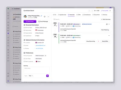 RecruitSmart — Candidate Interview Timeline in School HRM candidate dashboard education employee management hiring hr hr management hr platform hr system hrd hrm human resources job product design saas saas design ui ux web app web design