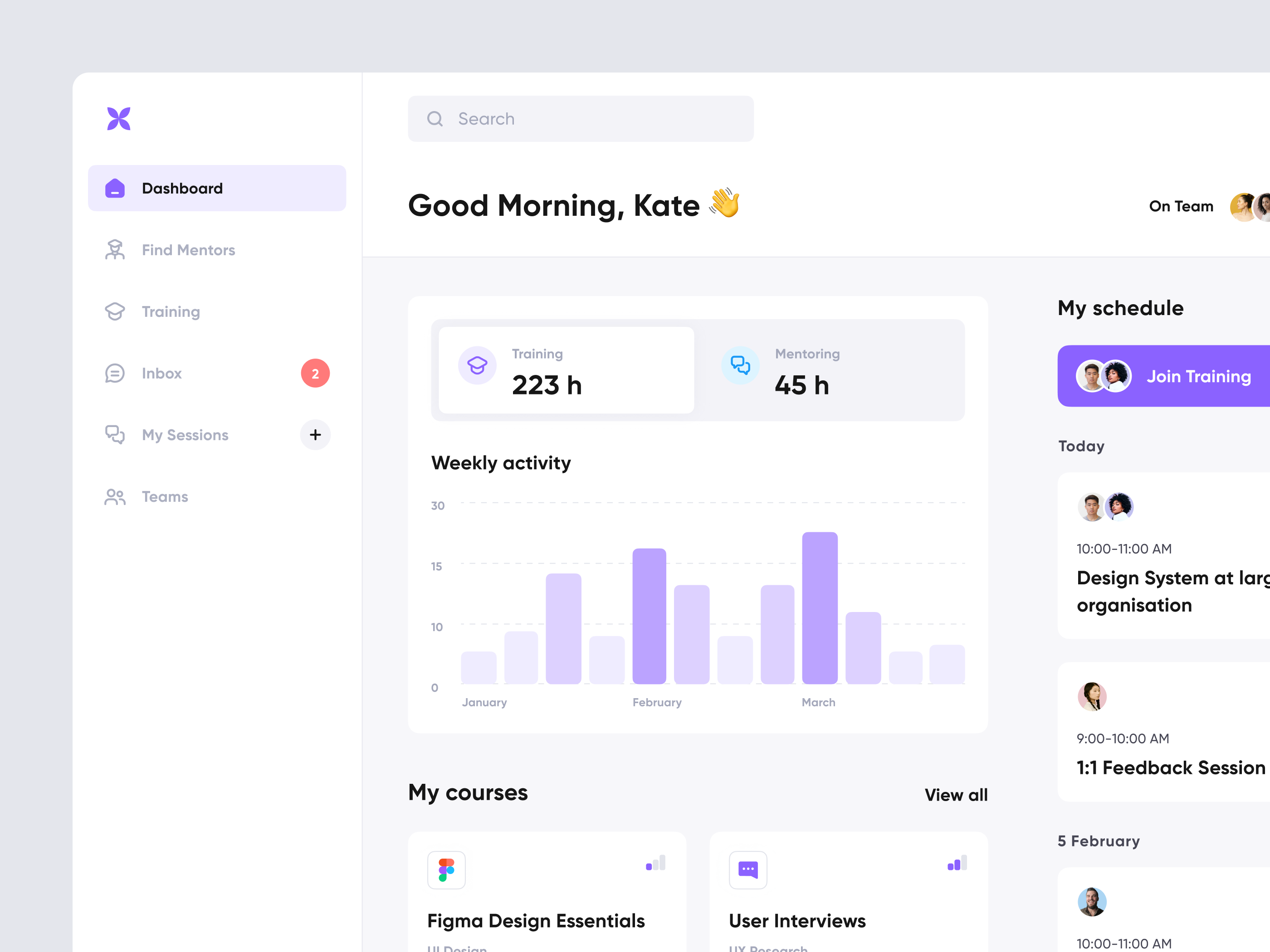 Mentoring Platform app box button calendar card chart clean course dashboard design education mentoring menu plan schedule stats tab training violet web