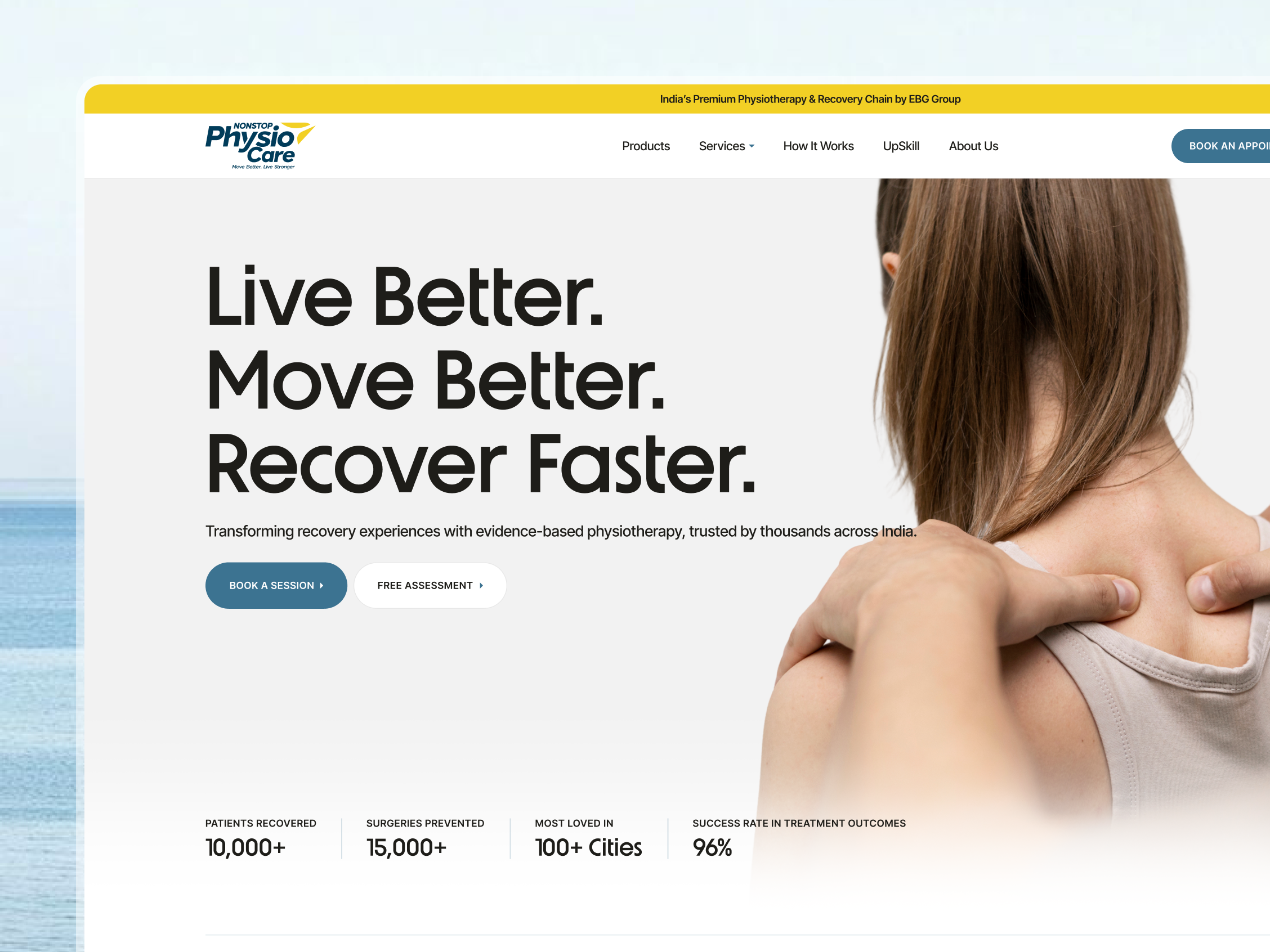 Physio care – Landing Page Design brand experience brand identity desktop ui ecommerce design health care landing page layout design medical ui medical website recovery platform ui design uiux visual storytelling web design web layout web ui webdevelopment website design wellness