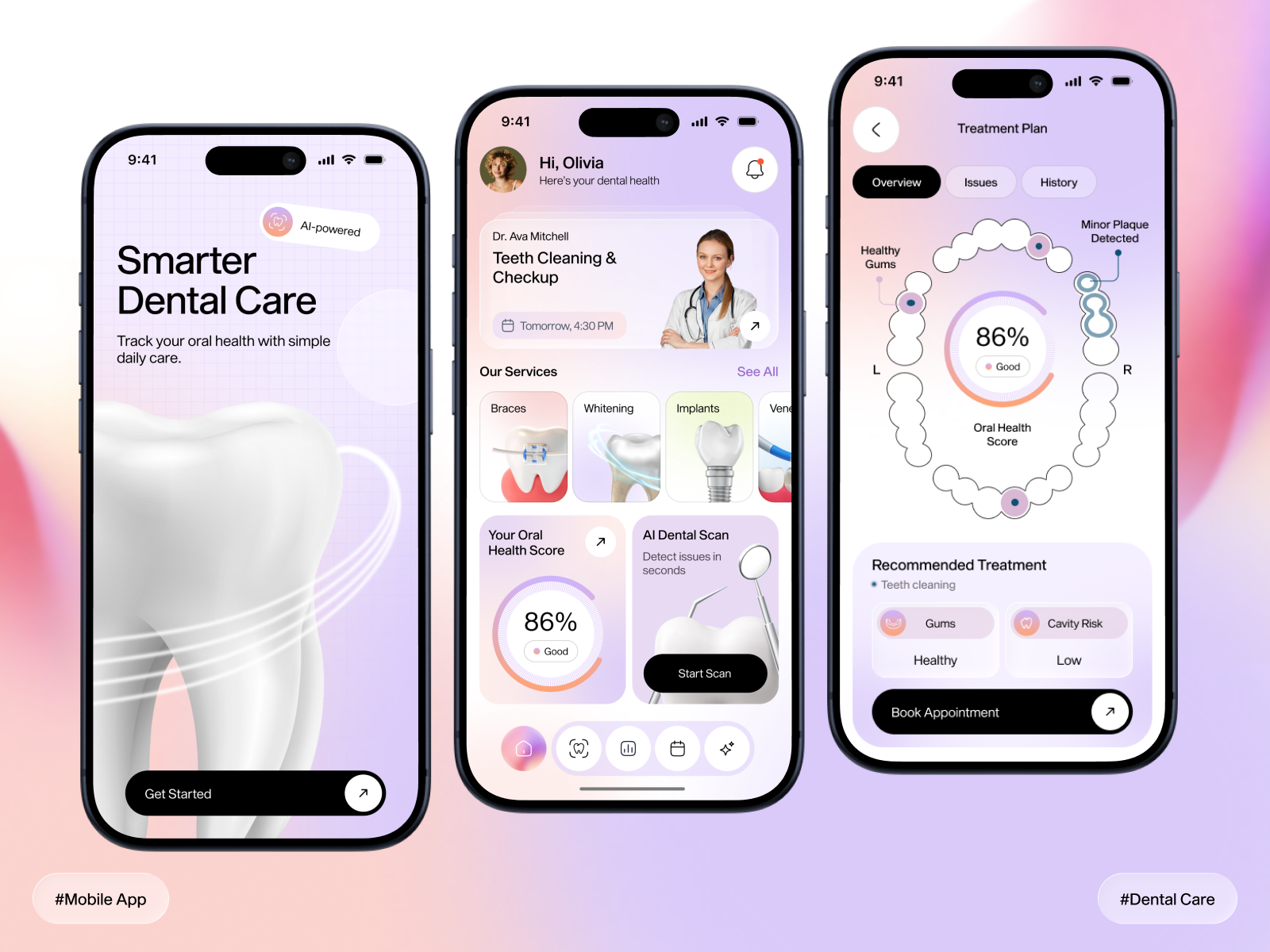 Smarter Dental Care with AI aesthetic dentistry ai assistant ai assistant dental app ai dental app dental app dental health dentist doctor app healthcare ui medical app ui mobile app oral health ui uiux wellness