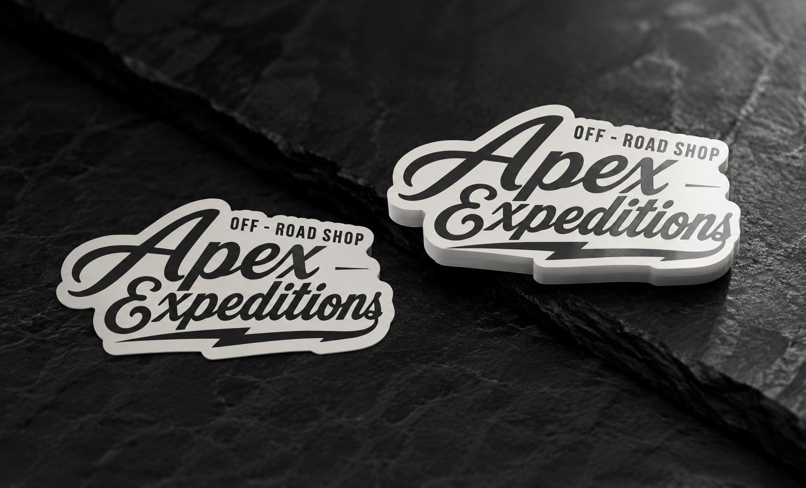 Apex Expeditions - Custom Script Die-Cut Stickers adventure apparel branding automotive branding creative design die cut stickers graphic design identity lettering logo logo showcase merchandise miami off road script logo sticker design typography vector vinyl stickers