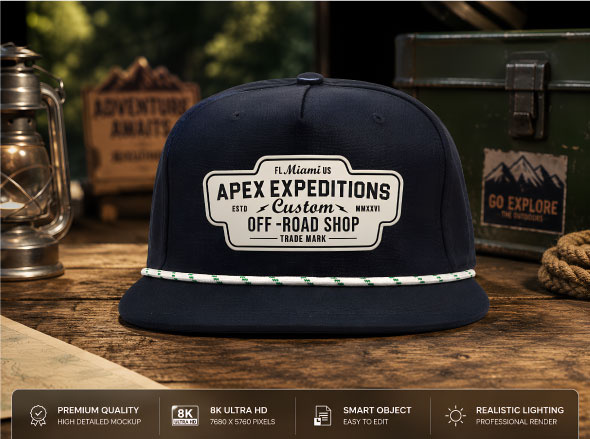 Apex Expeditions - Adventure-Ready Cap Mockup adventure gear apparel automotive branding branding cap mockup graphic design headwear design identity logo design merchandise miami off road outdoor gear streetwear trucker hat vintage aesthetic