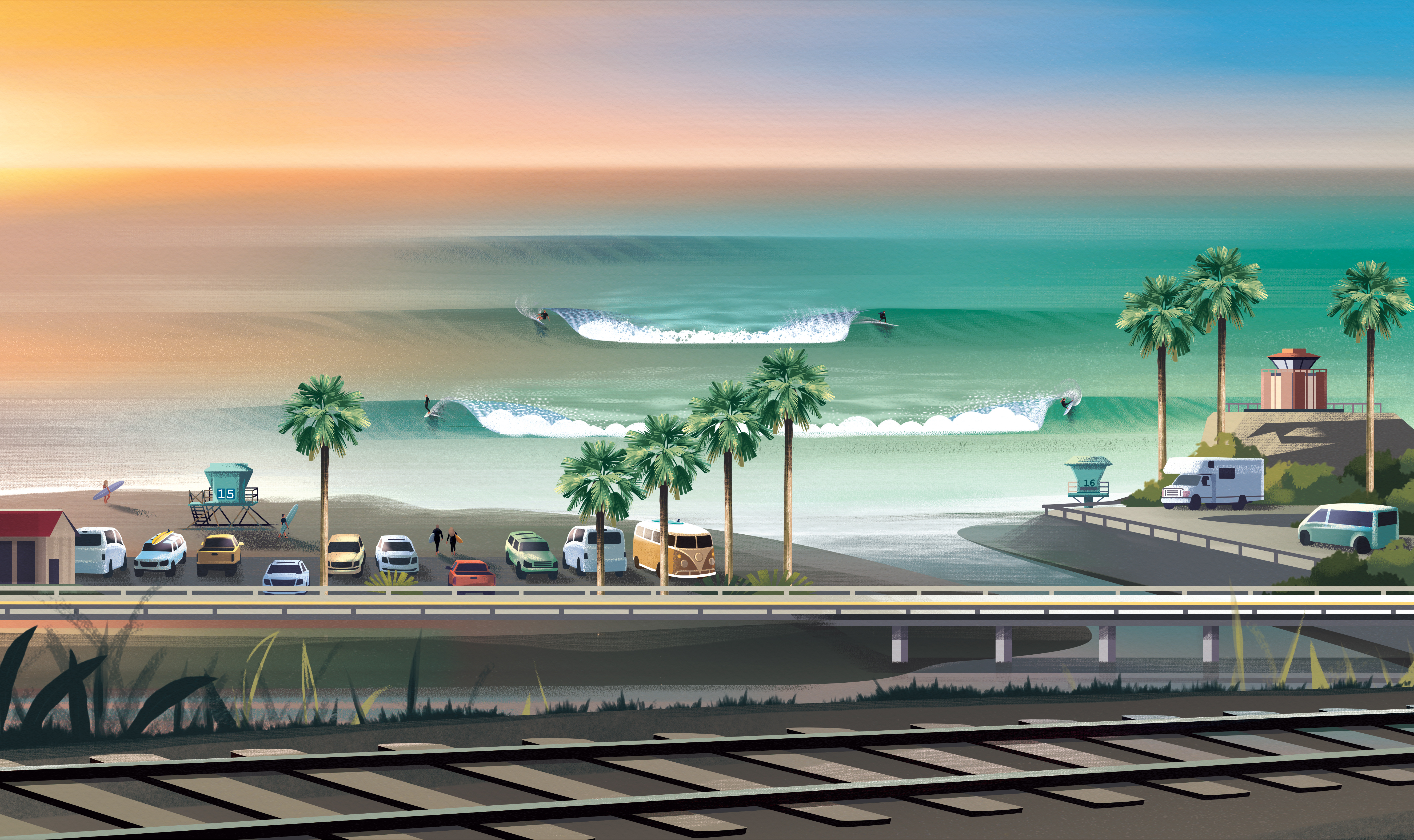 Cardiff Reef, CA beach california colorful illustration lifestyle nature ocean palm tree road summer sunset surfer surfing texture van wave