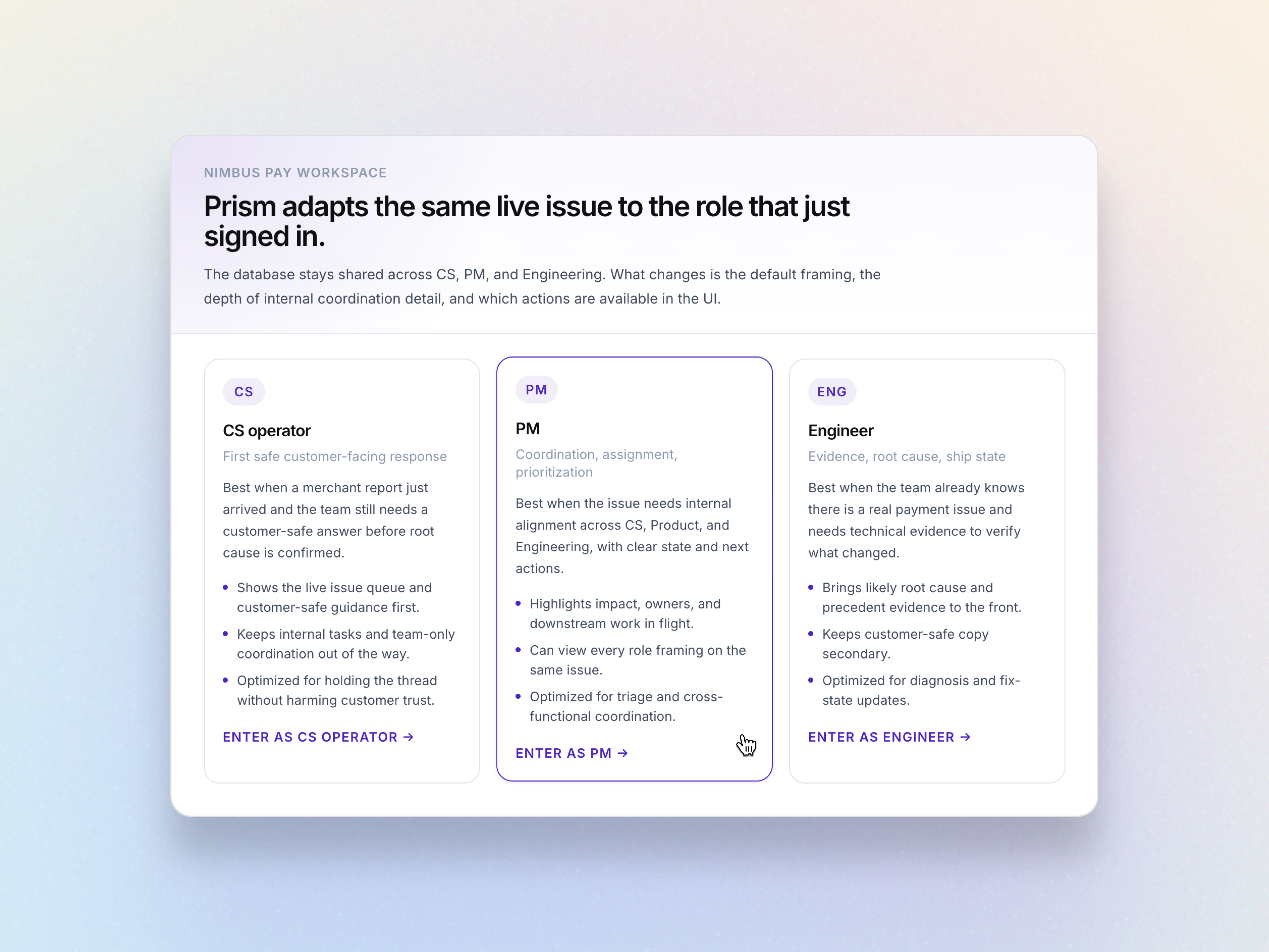 Prism — CS Console
Where customer support becomes product sign