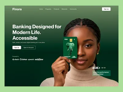 Finora — Modern Banking Website Hero Section banking digital banking finance fintech fintech website green ui hero section landing page modern website product design web ui website design