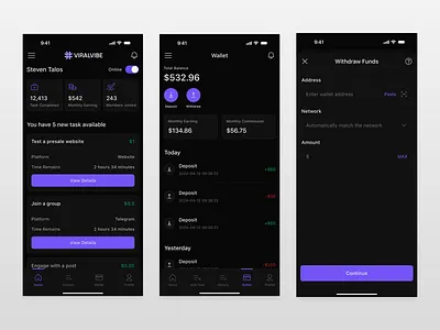 ViralVibe - Crypto Microtasking Platform app design product design ui design