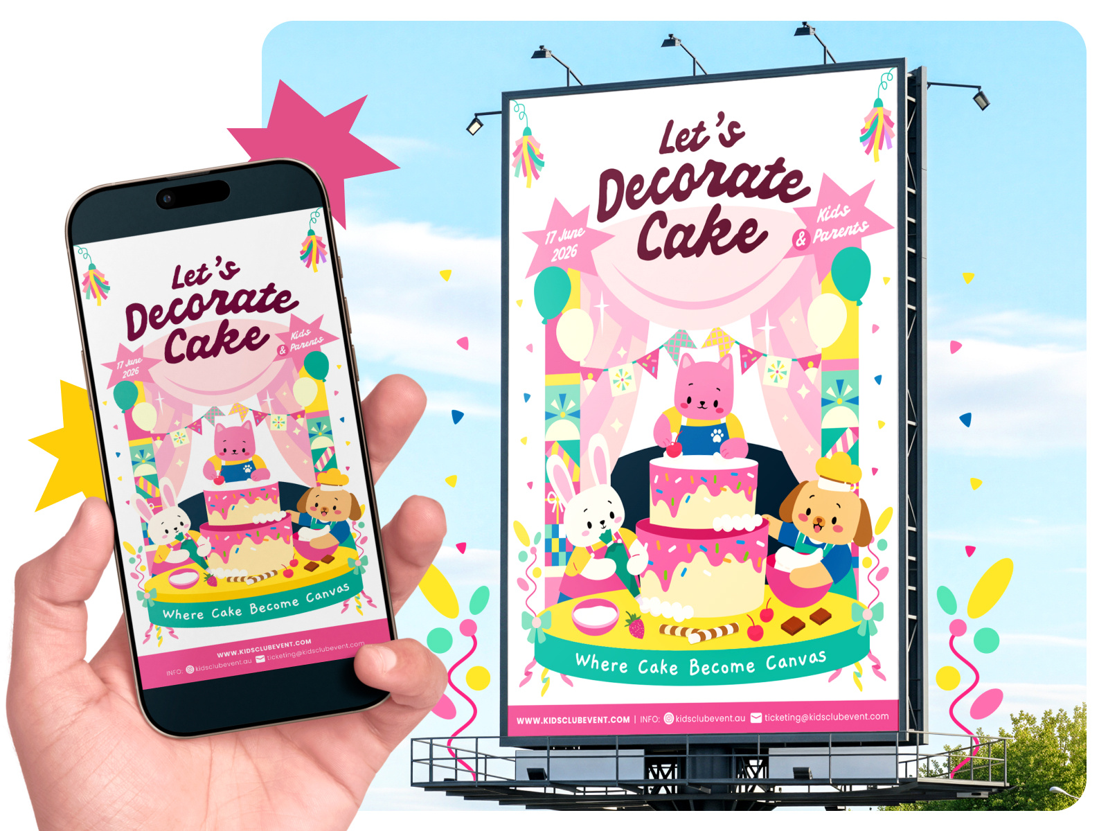 Kids Poster Illustration Application Event 2d character 2d illustration brand character brand world illustration cake character design event activation event branding event campaign illustration kids mascot mascot design poster application poster design product visualization signage