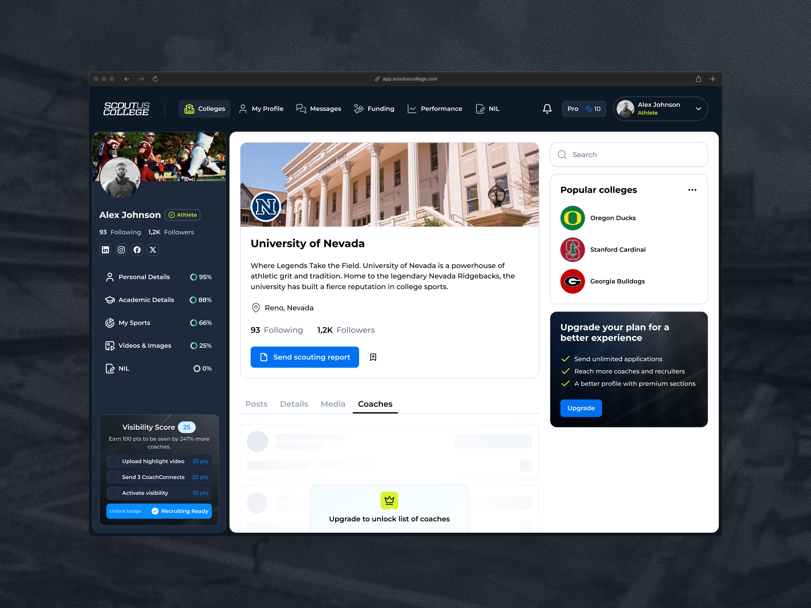 Profile avatar banner colleges connect figma navigation platform product design profile progress sport ui upgrade ux