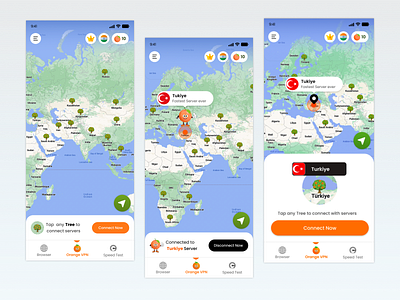 Vpn Home Screen with map country design home screen map map with tree orange vpn orange vpn app ui ux vpn vpn app vpn via map