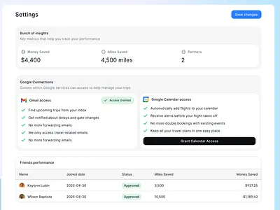 Flying loyalty program - settings calendar connection calendar integration dashboard metrics flight program flying program integration dashboard integrations loyalty program metrics product design settings settings dashboard ui ux