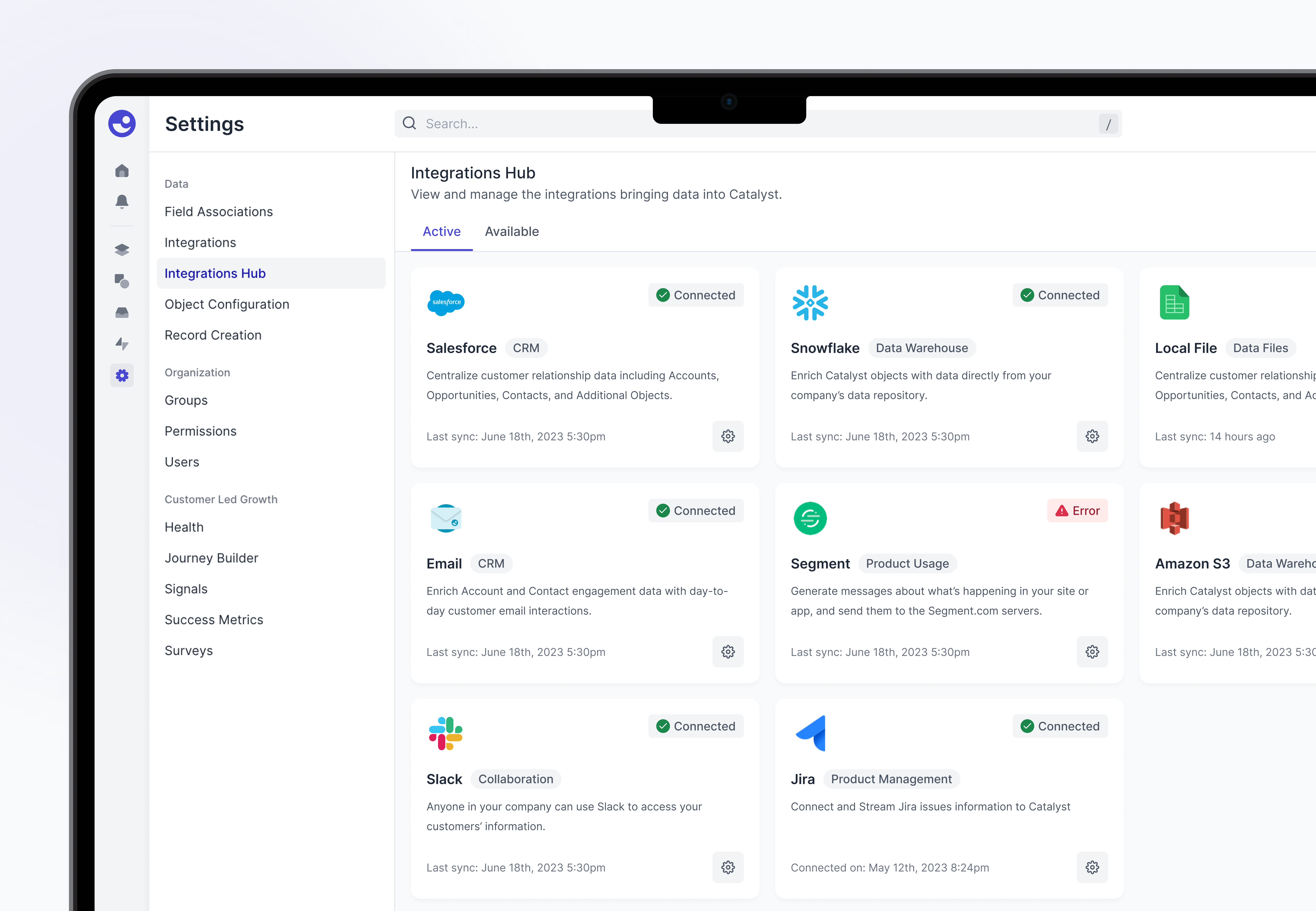 Catalyst Integrations Hub b2b web app customer succes integrations product design saas saas dashboard design ui ux
