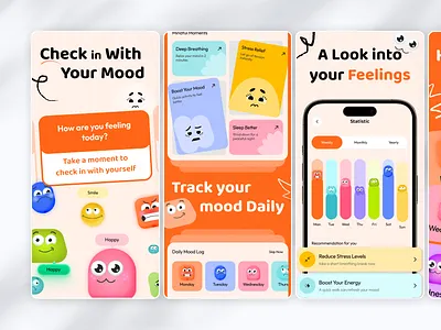 Wellness App UI & App Store Visuals | Appstore Screenshot Design 3d animation app app presentation app store design app store screenshots application design appstorescreenshots design services figma ui graphic design mental health app mobile app ui mobileappdesign mood tracker motion graphics product design ui ui ux design wellness app
