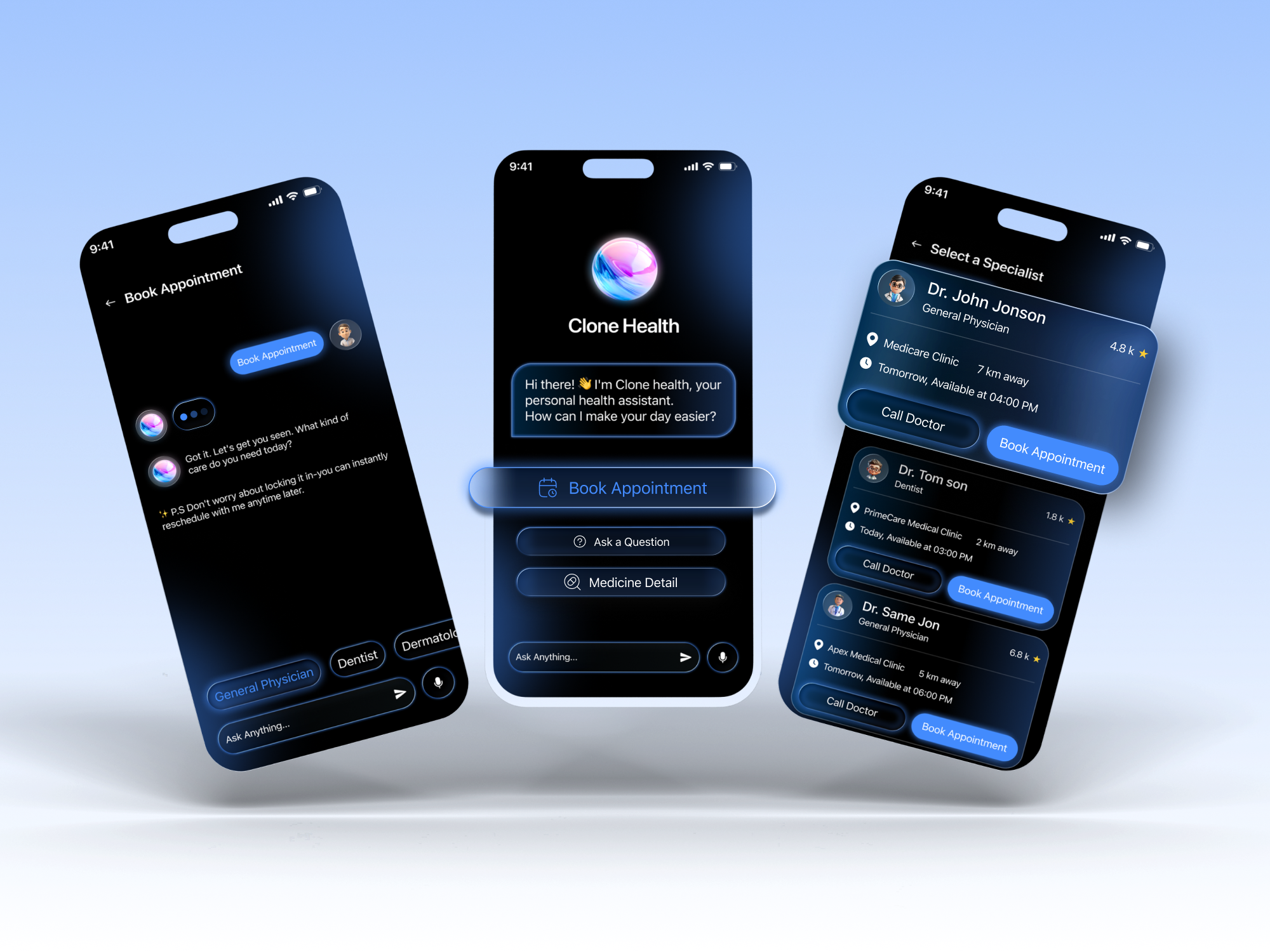 AI Healthcare Assistant App UI | AI Chatbot ai ai chatbot ai healthcare app design app design booking app chatbot design conceptual design dark mode figma friendly healthcare interaction design medical mobile app design modern app ui repsonsive scheduling ui ux voice ai assistant