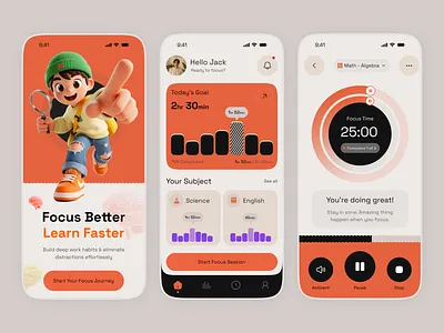 Daily Focus Planner App UI - Productivity Mobile Design daily planner deep work edtech education app focus app focus tracker habit tracker mobile app modern ui personal growth planner app pomodoro app productivity app saas mobile app task management time management todo app ui ux web app workflow app