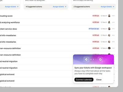 Sync tickets with Google workspace component dashboard integration integration component integration modal integration sync modal integration tooltip integrations modal product design sync sync component sync modal sync tooltip ui ux