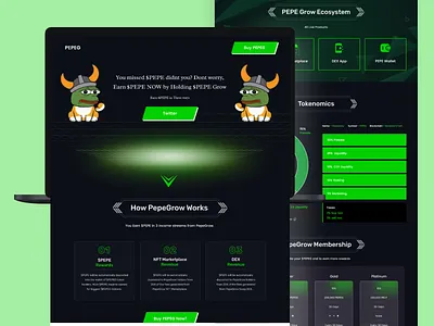 PepeGrow — Crypto Ecosystem Landing Page design blockchain crypto crypto wallet cryptocurrency dark mode ui defi figma design fintech hero section landing page meme coin website nft tokenomics ui uiux design web3 website design