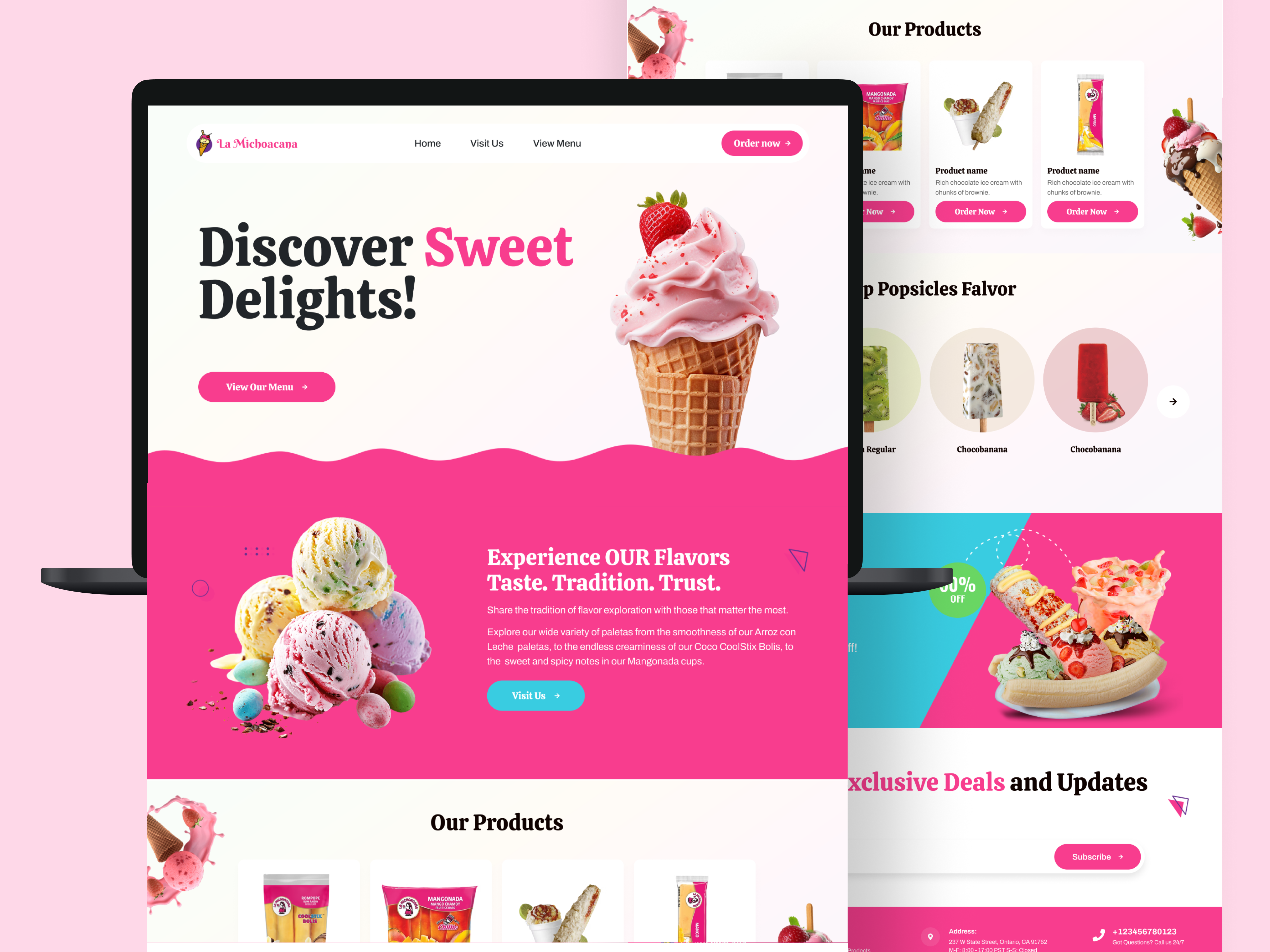 Ice Cream & Dessert Website UI/UX Design clean design dessert e commerce food and beverage hero header ice cream shop landing page menu ui minimalist ui pastel colors playful design product page restaurant website vibrant ui web design