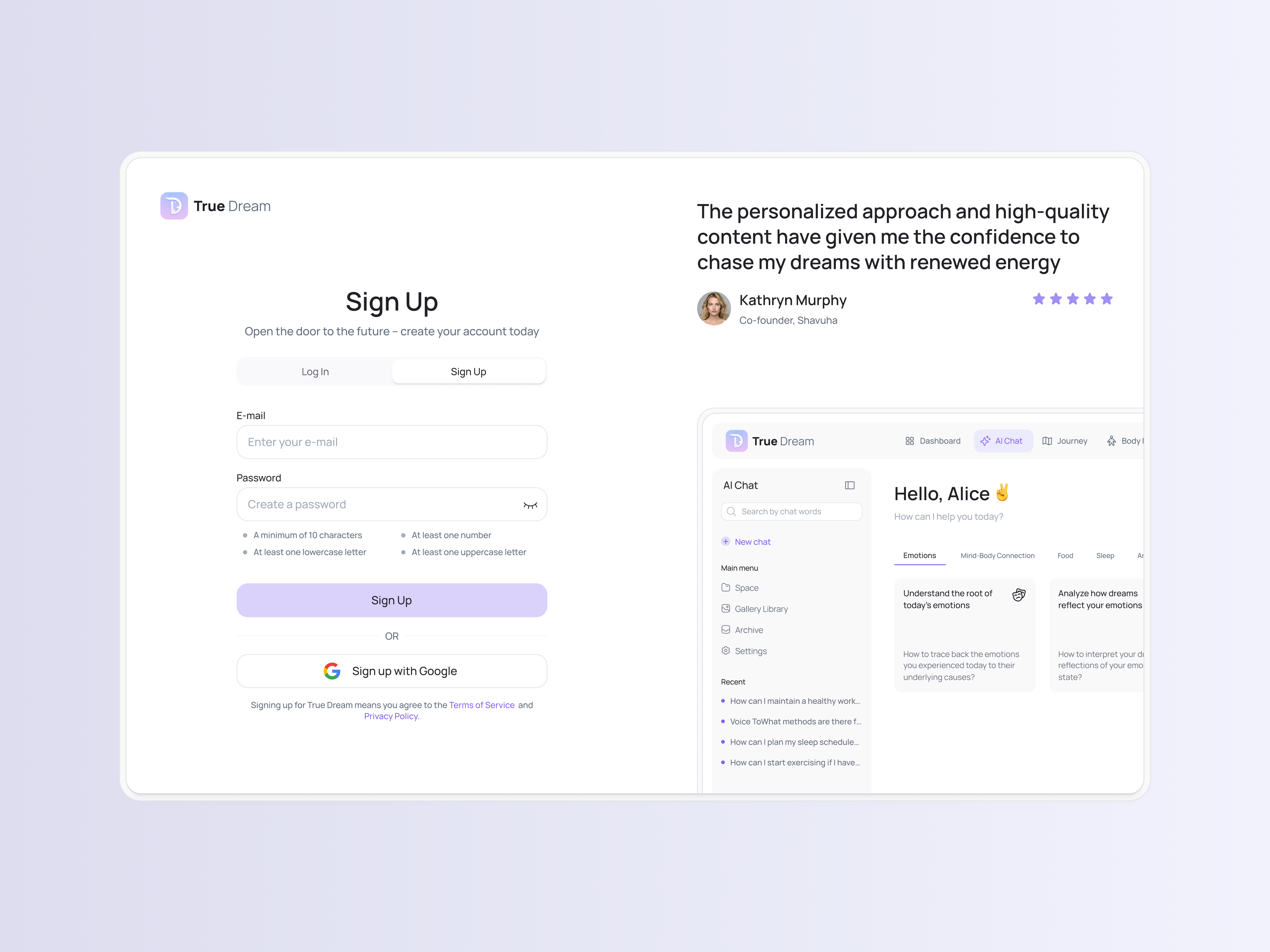 Clean Sign Up Screen for AI Mindcare Product – True Dream ai animation dashboard mindcare motion graphics product design signup ui ui design ux design visual visual design