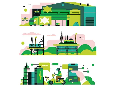Industry powerhouses adobe blue clouds editorailillustration green illustration illustrator industry linework muti pink power truck vector