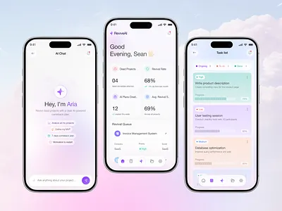 Revive AI Mobile App UI UX & SaaS Dashboard Design ai app android ui app design dashboard ui design inspiration glassmorphism interaction design ios ui minimal ui mobile app mobile ui modern ui productivity app saas ui task management ui design ui ux user interface ux design workflow ui