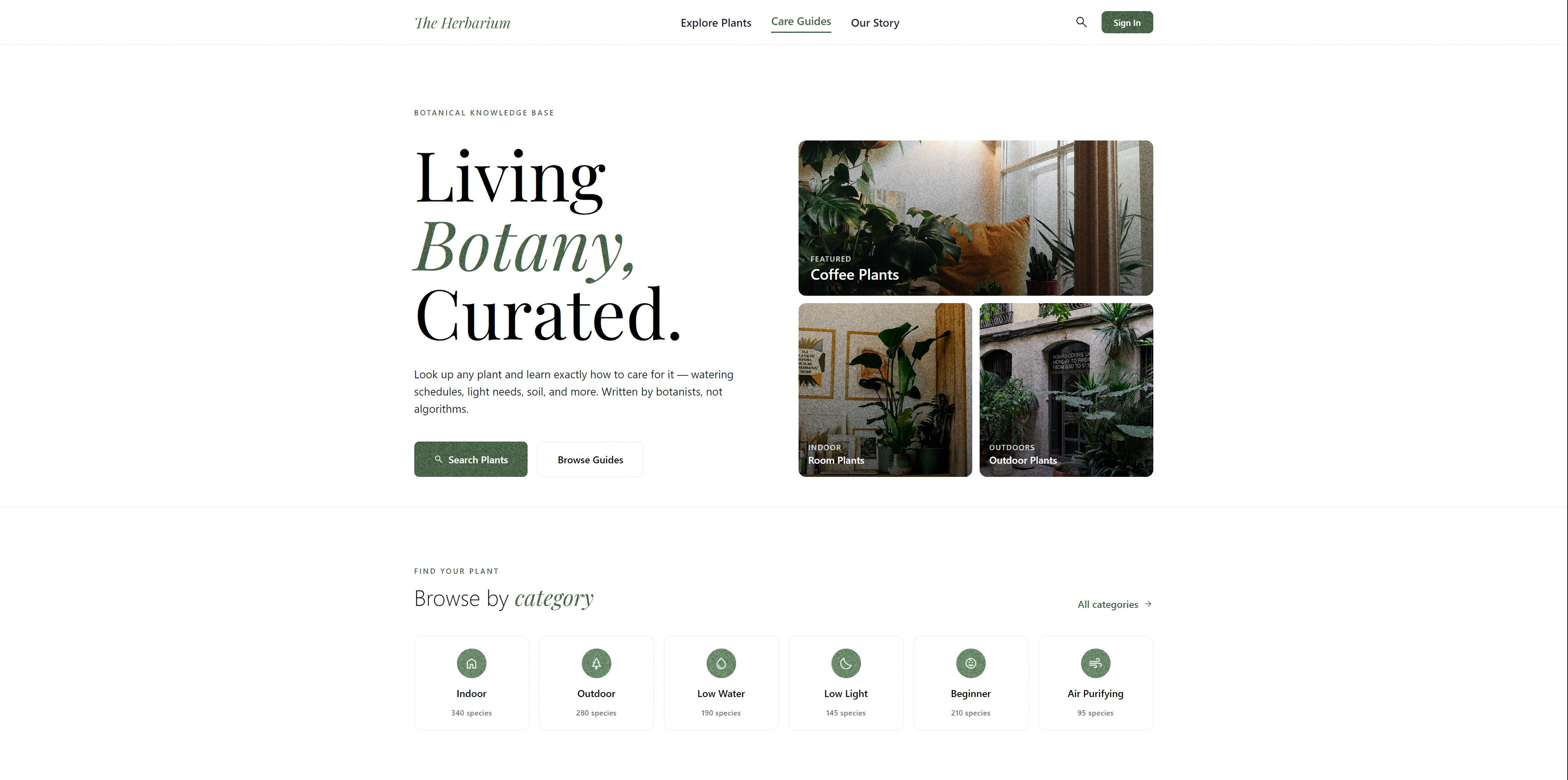 The herbarium Plant Care. code figma house plants html illustration javascript mock page plant care plant website plants react tailwind the herbarium ui ux web dev webpage