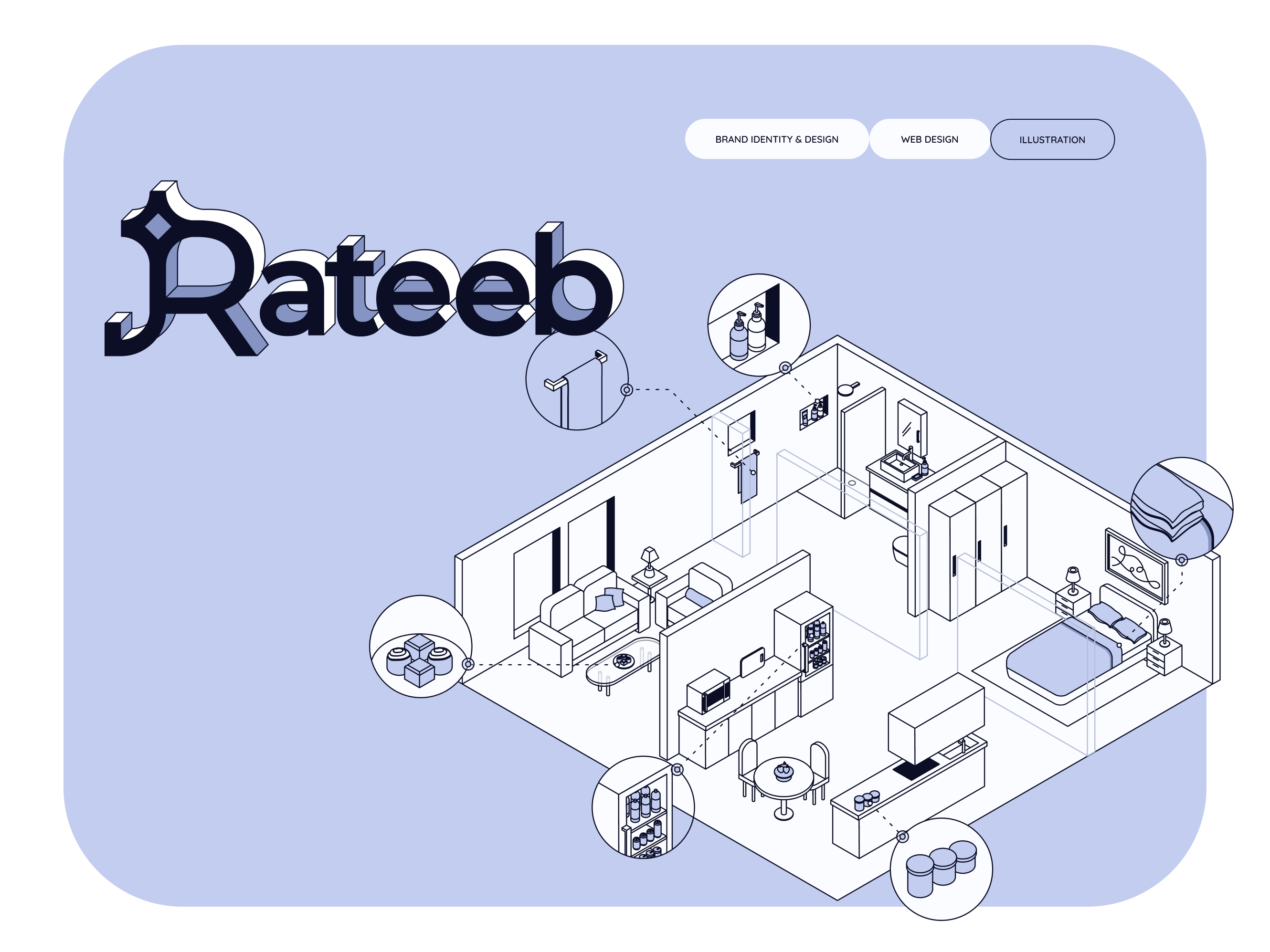 Rateeb | A Branding, Web Design & Illustration Project Rana adobe illustrator arabic bed and breakfast blue booking branding cartoon graphic design hosting illustration isometric line art linens logo typography web illustration