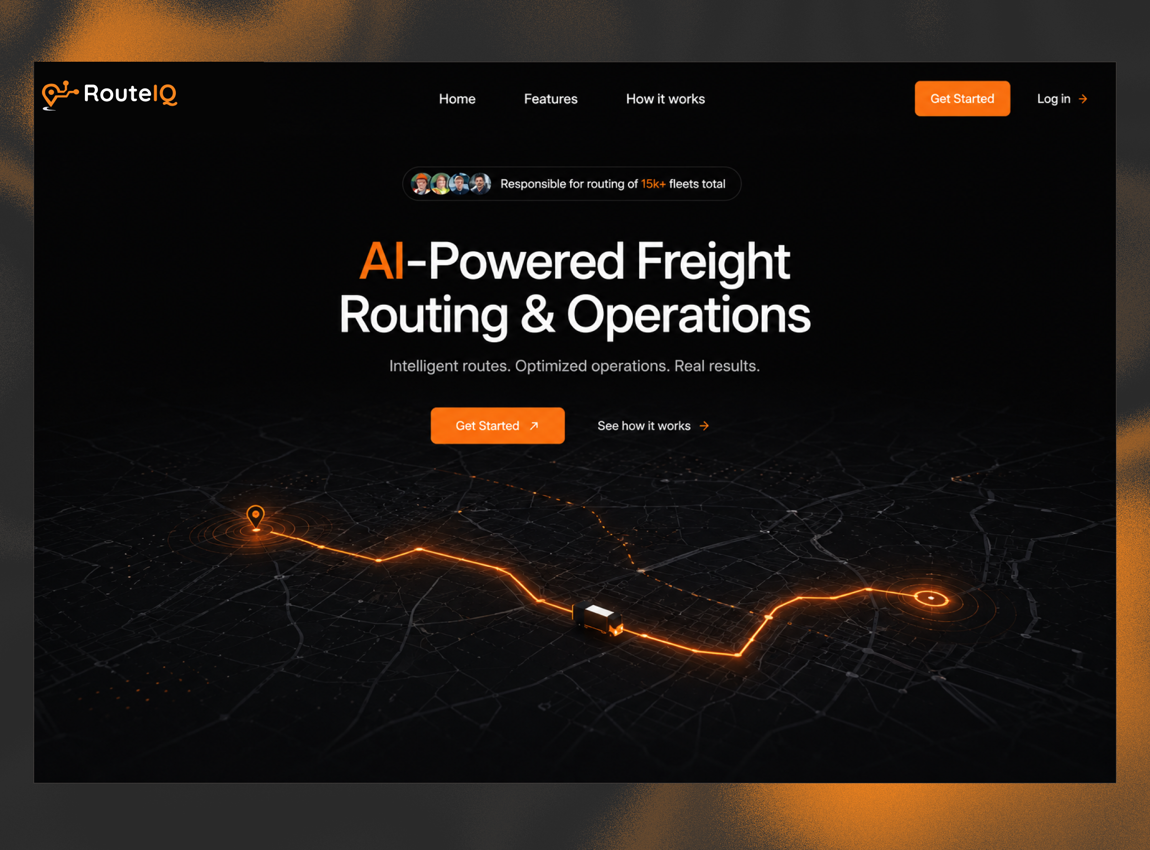 AI Freight Routing & Fleet Optimization Hero Section aesthetic ai ai trucking platform automation dark mode enterprise platform hero freight operations platform futuristic logistics ui graphic design landing page logistics logistics hero section minimal dark ui modern dark landing page platform route optimisation supply chain ui web app website