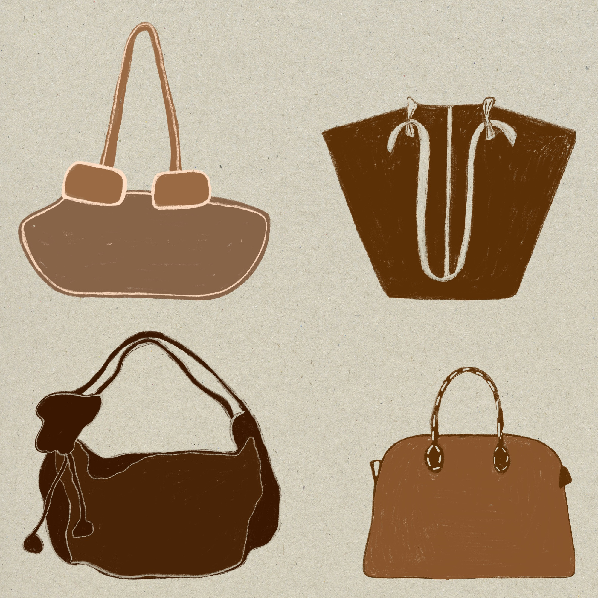 Illustration of a brown fabric tote bag.  Suede bag.