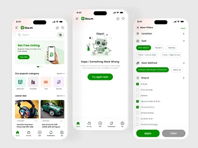 Marketplace App UI ✨ | Home, Filter & Error Page Design app app design branding dailyui design e commerce error page filter page graphic design home page illustration logo mobile app ui ux web webdesigner