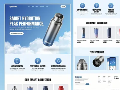 HydraTech — Smart Bottle E-commerce Landing Page 3d app integration blue clean e commerce fitness gadgets health tech hydration iot landing page minimal product design shopify smart bottle tech ui ux web design wellness