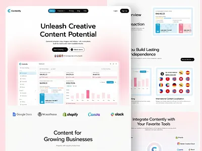 Contently — AI Content Generation & Marketing SaaS ai ai generator analytics aura automation b2b clean content marketing copywriting dashboard integrations landing page marketing tool minimal pink saas startup ui ux web design