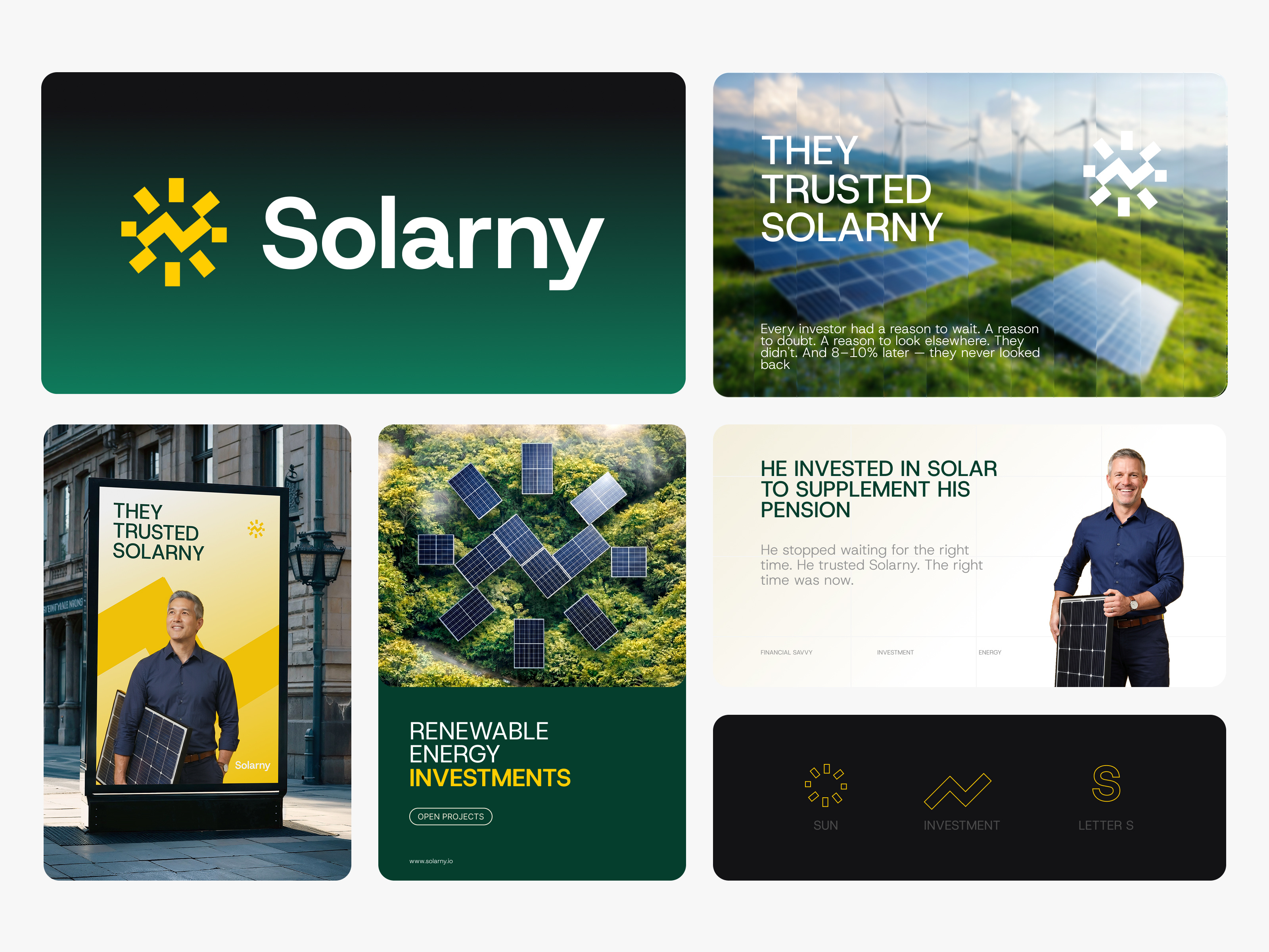 Visual Direction For Solarny brand campaign brand designer branding ecommerce growth investment logo letter mark logo logo creator logodesign modern logo renewable energy s logo solar brand identity solar energy logo solar logo solar startup solar tech logo timeless logo visual identity