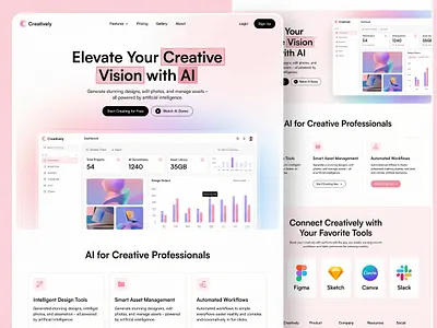 Creatively — Generative AI for Creative Professionals ai artificial intelligence asset management aura b2b clean creative agency dashboard design tools figma generative ai gradient landing page minimal saas sketch startup ui ux web design