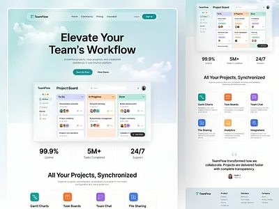 TeamFlow — Project Management & Team Collaboration SaaS animation b2b clean dashboard figma kanban landing page management tool minimal productivity project management saas sky startup task board team collaboration ui ux web design workflow